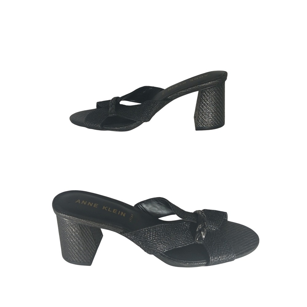 Anne Klein Atlas Mule 11 Black Woven Block Heel iFlex Sandal ATLA01F9 Chic